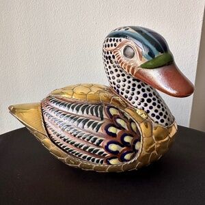 Vintage Talavera Ceramic and Brass Duck Figurine – Hand Painted Mexican Folk Art